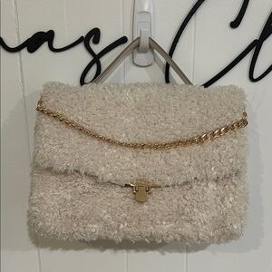 Cream Faux Shearling Women's Bag with Gold Chain